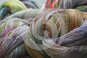 Colorful, handdyed roving of sheepwool, rolled up, natural material ready for spinning on a traditional spinning wheel as a hobby.