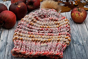 Colorful Handknit Garter Stitch Wool winter hat Closeup