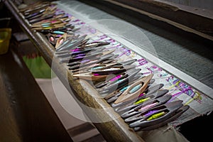 Colorful handloom on the machine