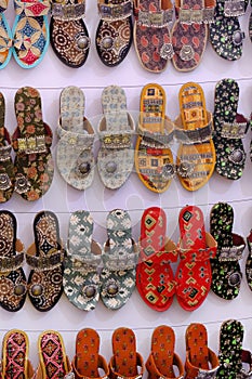 Colorful Handmade chappals (sandals) being sold in an Indian market, Handmade leather slippers, Traditional footwear