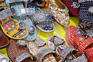 Colorful Handmade chappals (sandals) being sold in an Indian market, Handmade leather slippers, Traditional footwear