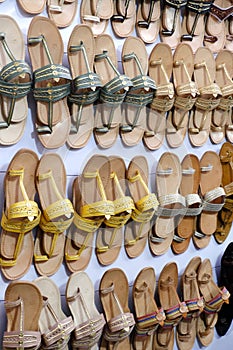 Colorful Handmade chappals (sandals) being sold in an Indian market, Handmade leather slippers, Traditional footwear