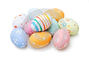 Colorful handmade Easter eggs on white background