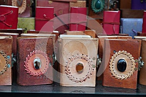 Colorful Handmade leather notebook, Books and agendas outside at a shop front for sale. Souvenir shop with handmade leather bags photo