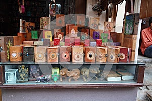 Colorful Handmade leather notebook, Books and agendas outside at a shop front for sale. Souvenir shop with handmade leather bags