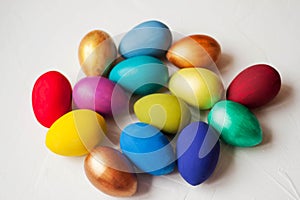 Colorful handmade painted Easter eggs background