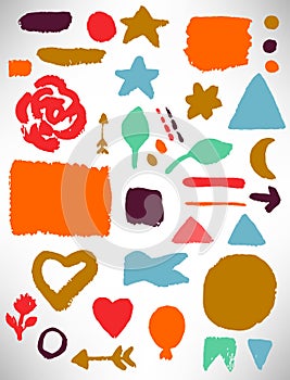 Colorful handmade set of grunge elements, brush stroke, heart, flag, arrow, air balloon, circle, square, triangle, star, line