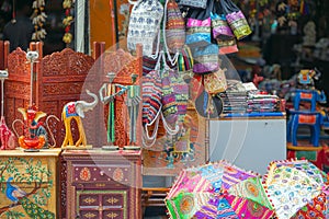 Colorful handmade Souvenirs in the merchant`s shop