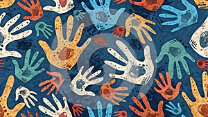 Colorful Handprint Pattern on Textured Blue Seamless Background