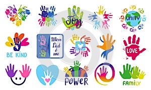 Colorful handprints design. Different logo with palm prints. Family and relationship, parenthood, friendship and love