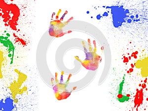 Colorful handprints and paint color blobs