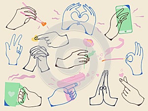 Colorful hands and arms expressions. Hand sign big set. Valentine's day. Doodle. Contour. Linear. Outline
