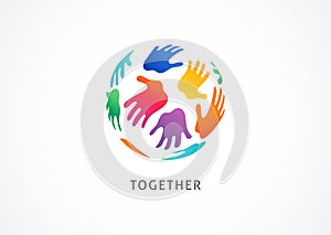 Colorful hands, arrange in circle, create new world concept design, logo template, symbol, abstract icon