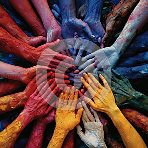 Colorful hands of different ethnicities and cultures on a multicolored background. The concept of unity.