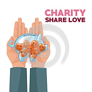 Colorful hands holding in palms a money piggy bank with coins in the form of happy face charity share love