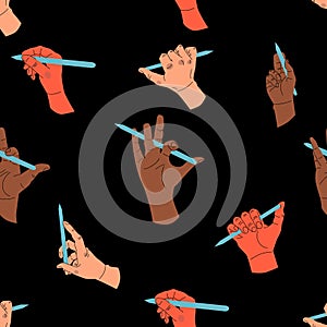 Colorful Hands holding pencil seamless pattern