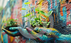 Colorful hands holding young green plants against a vibrant graffiti-covered wall, symbolizing nature and environmental