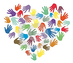 Colorful hands palms in heart shape vector. Love, team, friendship, charity, volunteering, help, community support and