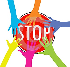 Colorful hands on stop sign