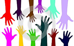 colorful hands up. unity hands cartoon.