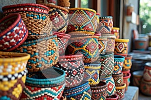 Colorful handwoven baskets with intricate geometric patterns on display