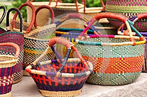 Colorful Handwoven West African Baskets with leather handles