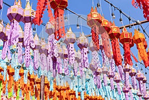 Colorful hanging lanterns lighting in loy krathong and new year festival