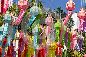 Colorful hanging lanterns lighting in loy krathong and new year festival