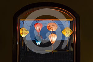 Colorful hanging lanterns in restaurant