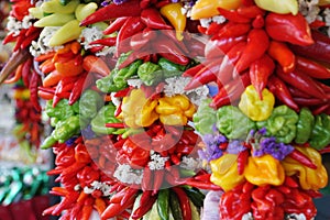 Colorful, hanging pepper assortment