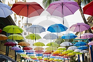 Colorful hanging umbrellas in Caudan waterfront,Mauritius Africa