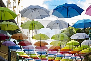 Colorful hanging umbrellas in Caudan waterfront,Mauritius Africa