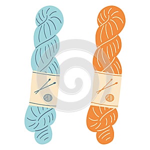 Colorful hank yarn for knitting or crochet. Hand drawn vector illustration of knitting supplies, hobby items, leisure