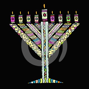 Colorful Hanukkah in the style of doodle. Triangular Chanukah Chabad. Jewish holiday of Hanukkah. Hand draw. Sketch. Vector