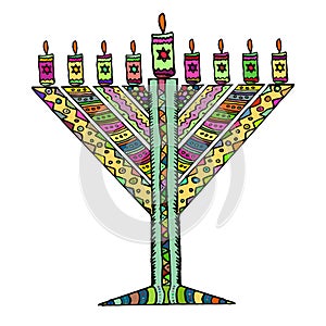 Colorful Hanukkah in the style of doodle. Triangular Chanukiah Chabad. Jewish holiday of Hanukkah. Hand draw. Sketch. Vector