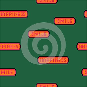 Colorful â€œHappiness and smileâ€ wording in pixel video game 8 bit font. retro style Vector illustration seamless pattern ,