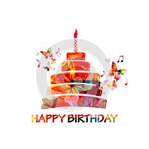 Colorful happy birthday cake greeting card vector illustration design. Birthday celebration invitation with cake and burning candl