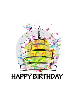 Colorful happy birthday cake greeting card vector illustration design. Birthday celebration invitation with cake and burning candl