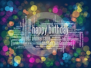 Colorful HAPPY BIRTHDAY card with translations into many languages