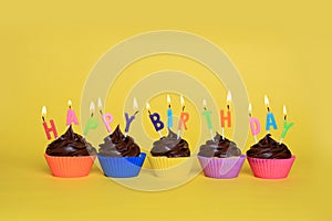 Colorful Happy Birthday Cupcakes With Candles
