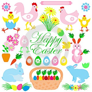 Colorful Happy Easter collection of icons with rabbit, bunny, egg