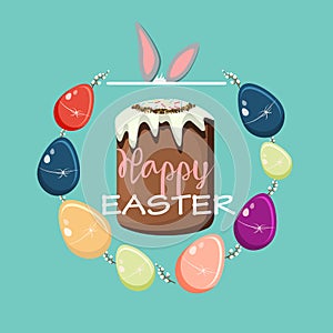 Colorful Happy Easter greeting card with bunny and text.Vector illustration