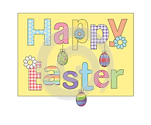 Colorful Happy Easter greeting card with flowers eggs and fancy patterned font. For cards, banners, etc