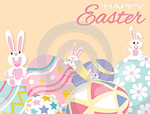 Colorful Happy Easter greeting card with rabbit, bunny and eggs