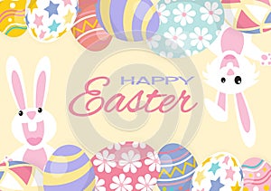 Colorful Happy Easter greeting card with rabbit, bunny and eggs