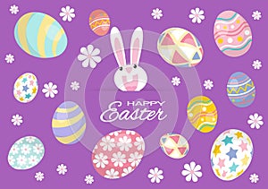 Colorful Happy Easter greeting card with rabbit, bunny and eggs