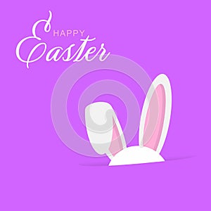 Colorful Happy Easter greeting card with rabbit, bunny, eggs with banners.