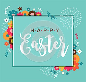 Colorful Happy Easter greeting card with rabbit, bunny, eggs and banners