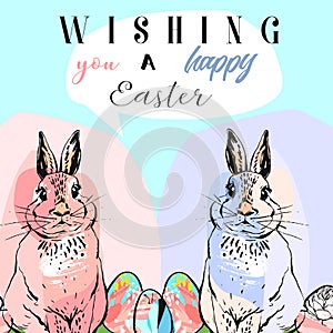 Colorful Happy Easter greeting card with rabbit, bunny, eggs and banners