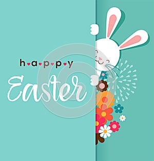 Colorful Happy Easter greeting card with rabbit, bunny, eggs and banners